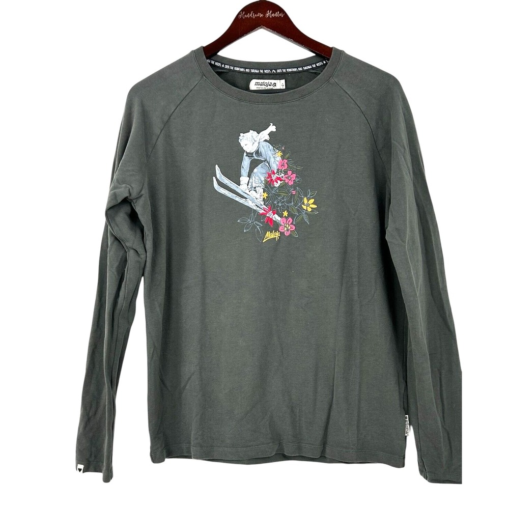 Maloja Long Sleeve Shirt Women L Grey EUC Skier Flower Graphic Raglan Tee